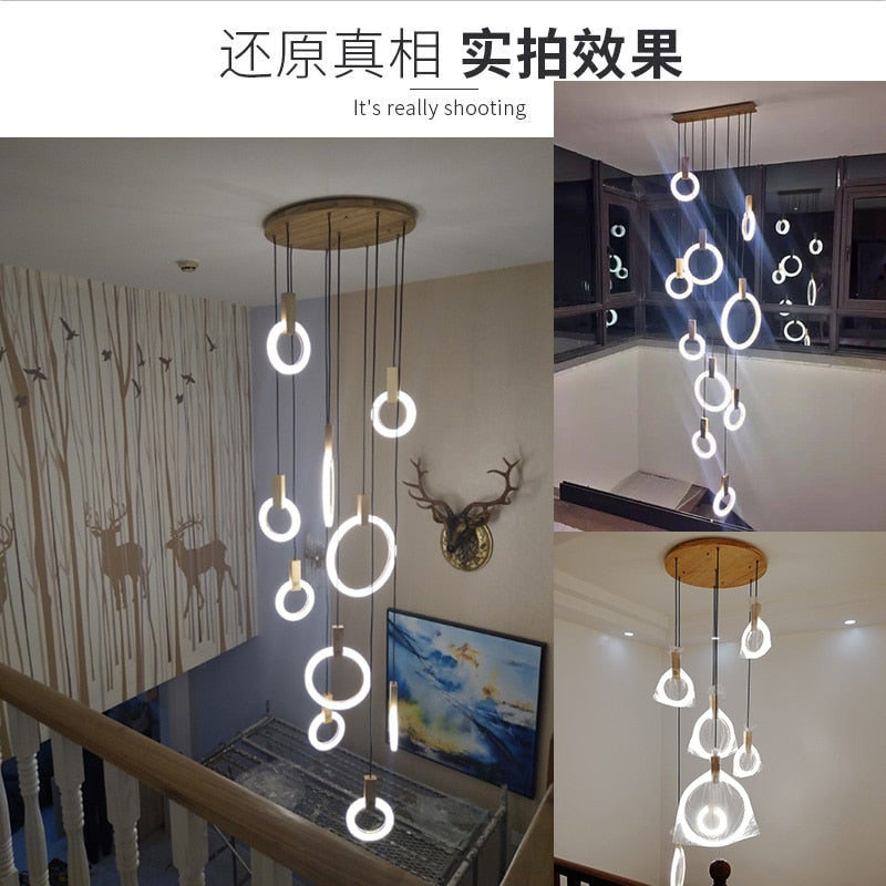 Modern LED Chandelier ceiling living room Wooden lighting Acrylic Ring fixtures stairs deco hanging lights dining pendant lamps