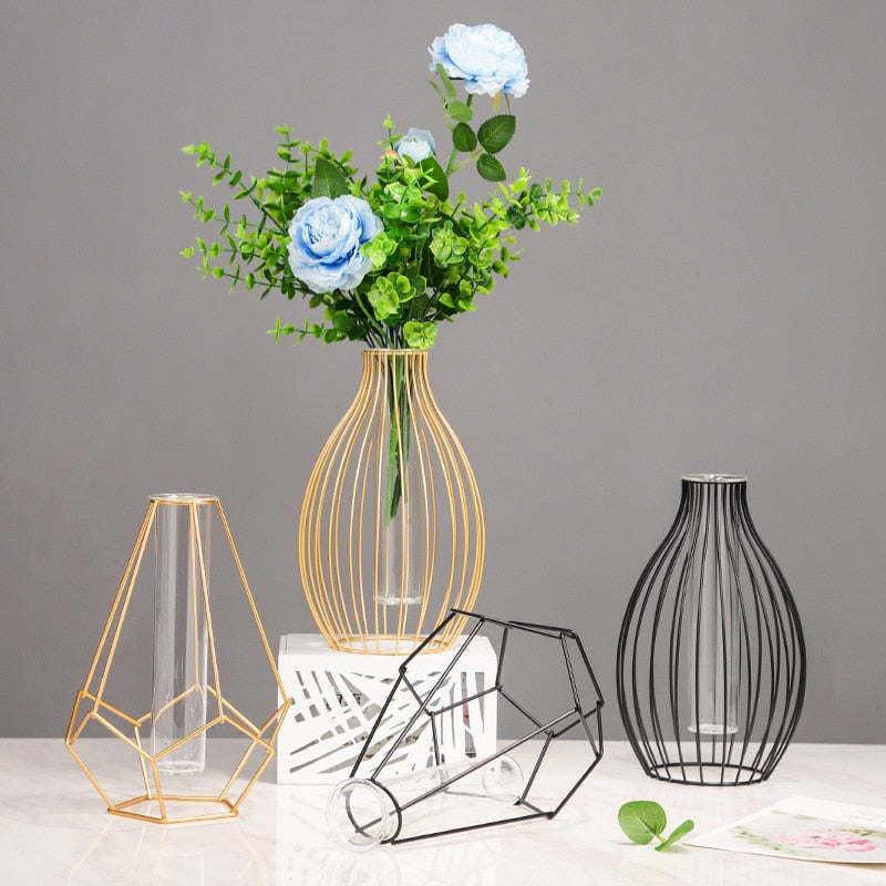 Home Decoration Metal Vase Flower Pot Room Decoration Flower Arrangement Glass Container Wedding Decoration Hydroponic Vase