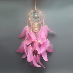 Girl Heart Dream Catcher National Feather Ornaments Lace Ribbons Feathers Wrapped Lights Girls Room Decor Dreamcatcher