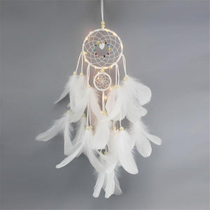 Girl Heart Dream Catcher National Feather Ornaments Lace Ribbons Feathers Wrapped Lights Girls Room Decor Dreamcatcher