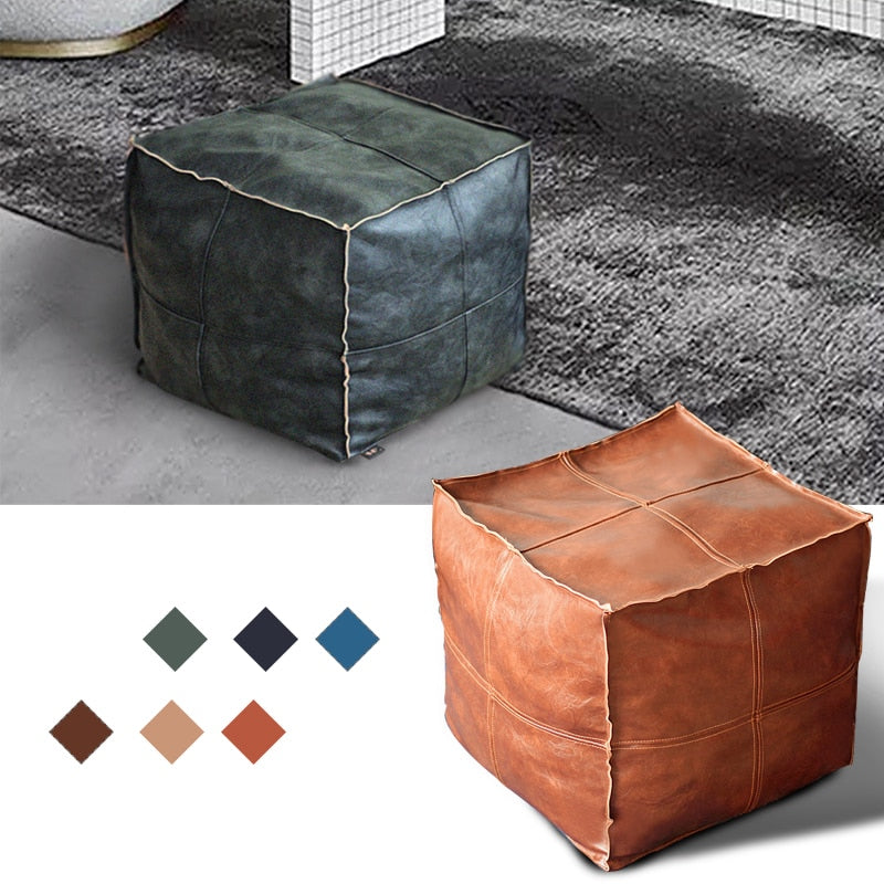 Moroccan PU Leather Pouf Embroider Craft Simple Sofa Ottoman Footstool Large 45cm Artificial Leather Unstuffed Cushion