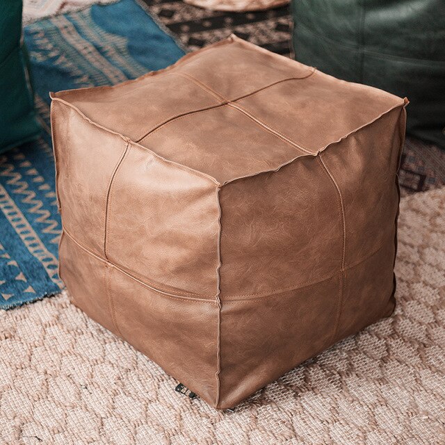 Moroccan PU Leather Pouf Embroider Craft Simple Sofa Ottoman Footstool Large 45cm Artificial Leather Unstuffed Cushion