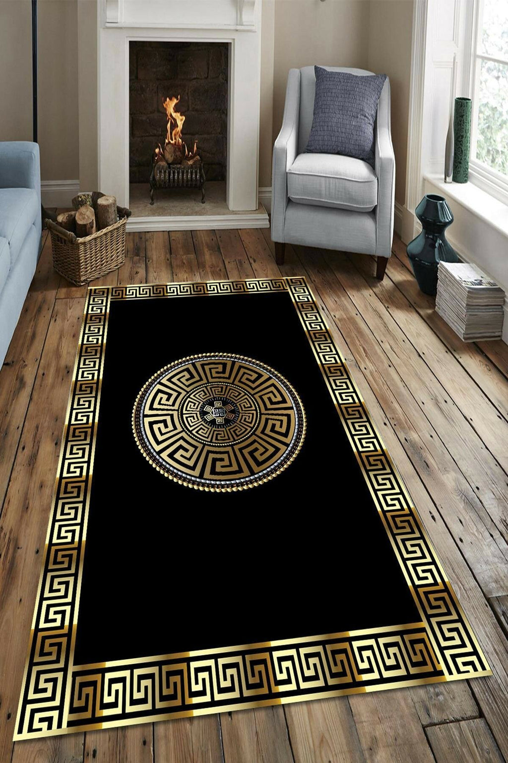 Black Gold Stripe Living Room Rug Slip-Resistant Faux Leather Sole Dust Stain resistant Foal Feather Fabric 11mm Thickness AntibakteriyelRunner Carpet