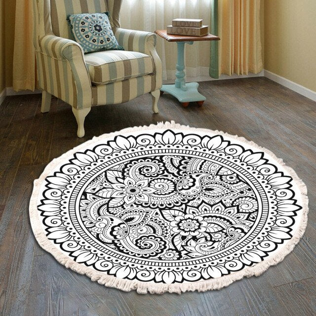 Retro Bohemian Round Carpet Hand Woven Cotton Linen Carpet Rug Bedside Rug Geometric Floor Mat Living Room Carpet Home Decor