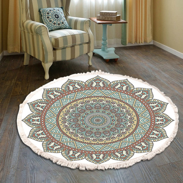 Retro Bohemian Round Carpet Hand Woven Cotton Linen Carpet Rug Bedside Rug Geometric Floor Mat Living Room Carpet Home Decor