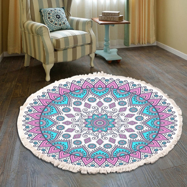 Retro Bohemian Round Carpet Hand Woven Cotton Linen Carpet Rug Bedside Rug Geometric Floor Mat Living Room Carpet Home Decor