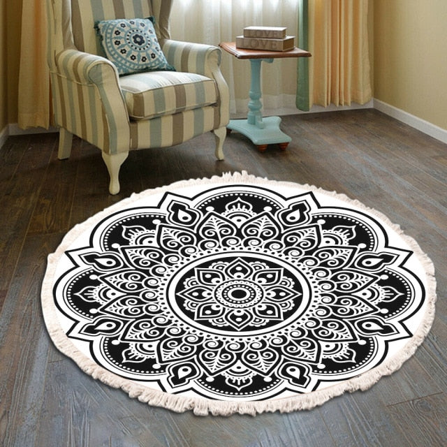 Retro Bohemian Round Carpet Hand Woven Cotton Linen Carpet Rug Bedside Rug Geometric Floor Mat Living Room Carpet Home Decor