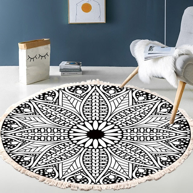 Retro Bohemian Round Carpet Hand Woven Cotton Linen Carpet Rug Bedside Rug Geometric Floor Mat Living Room Carpet Home Decor