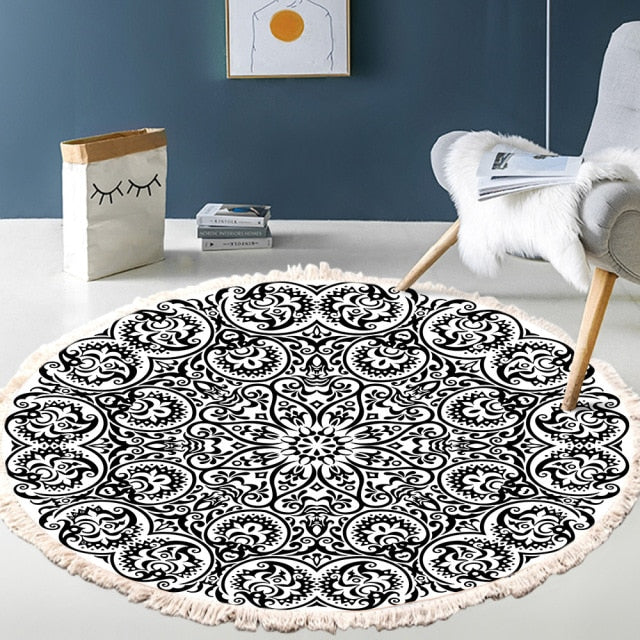 Retro Bohemian Round Carpet Hand Woven Cotton Linen Carpet Rug Bedside Rug Geometric Floor Mat Living Room Carpet Home Decor