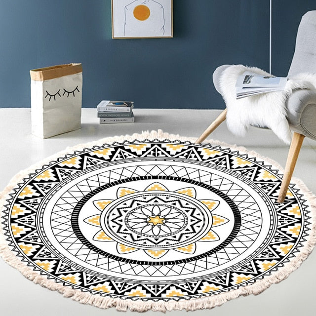 Retro Bohemian Round Carpet Hand Woven Cotton Linen Carpet Rug Bedside Rug Geometric Floor Mat Living Room Carpet Home Decor