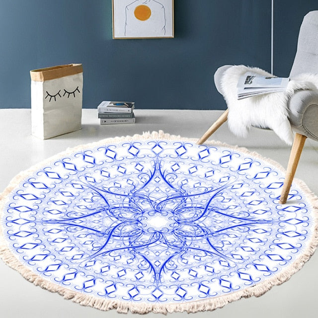 Retro Bohemian Round Carpet Hand Woven Cotton Linen Carpet Rug Bedside Rug Geometric Floor Mat Living Room Carpet Home Decor