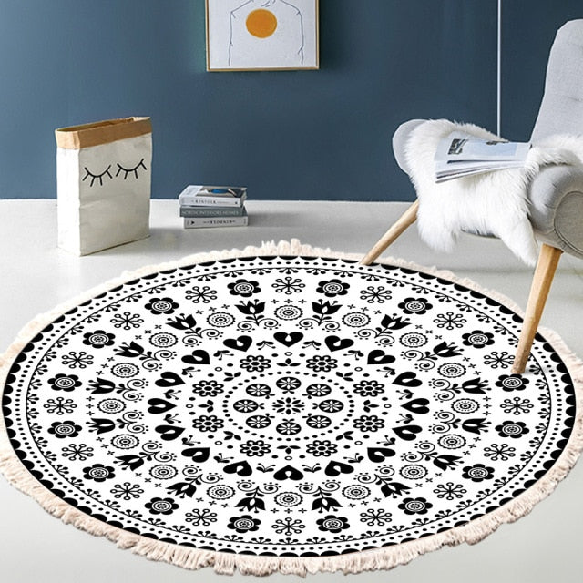 Retro Bohemian Round Carpet Hand Woven Cotton Linen Carpet Rug Bedside Rug Geometric Floor Mat Living Room Carpet Home Decor