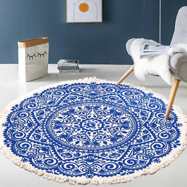 Retro Bohemian Round Carpet Hand Woven Cotton Linen Carpet Rug Bedside Rug Geometric Floor Mat Living Room Carpet Home Decor