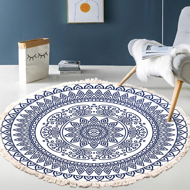 Retro Bohemian Round Carpet Hand Woven Cotton Linen Carpet Rug Bedside Rug Geometric Floor Mat Living Room Carpet Home Decor