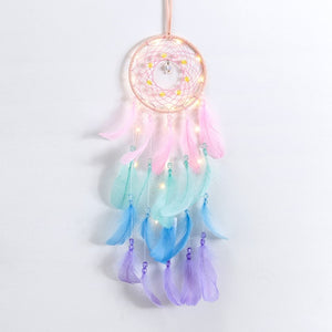 Girl Heart Dream Catcher National Feather Ornaments Lace Ribbons Feathers Wrapped Lights Girls Room Decor Dreamcatcher