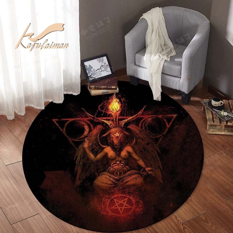 Satanic Cat Round Rug Goat Impaled Throne Area Carpet Bath Mat Black Rug Living Room Home Decoration circle rug