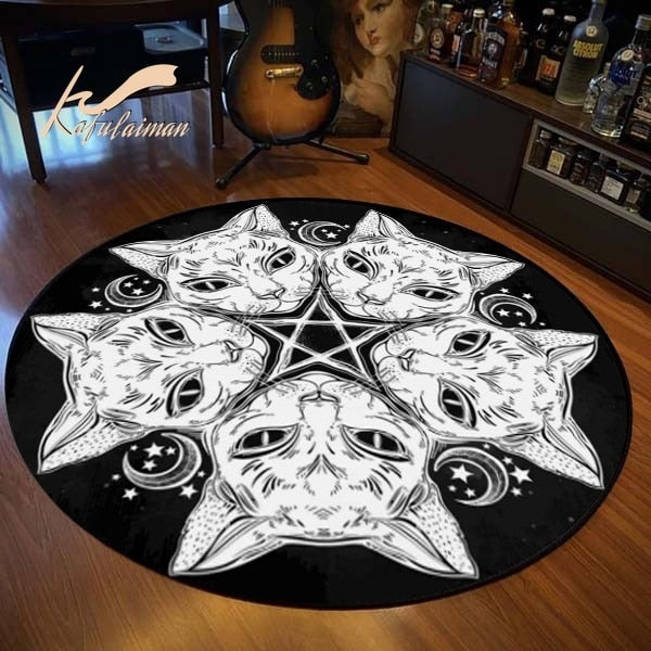 Satanic Cat Round Rug Goat Impaled Throne Area Carpet Bath Mat Black Rug Living Room Home Decoration circle rug