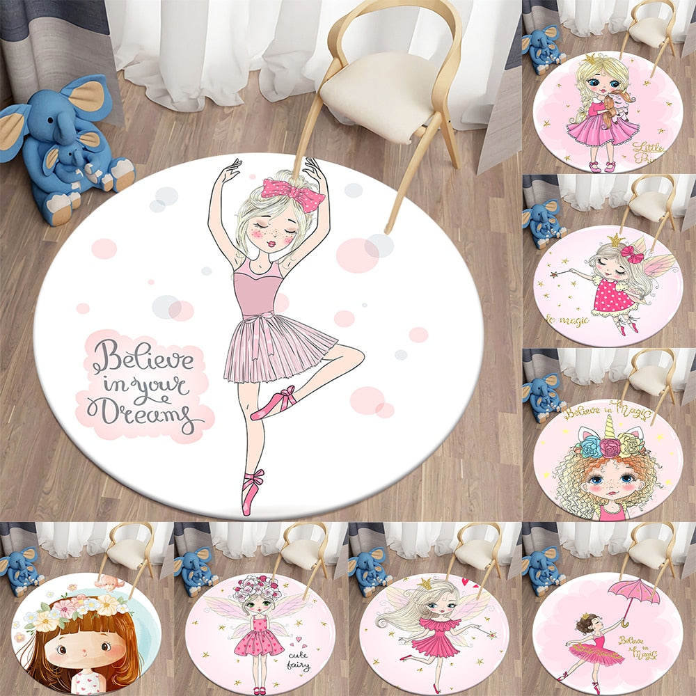 Decorative Round Carpet Cartoon Ballet Girls Print Area Rugs Bedroom Carpet Floor Mat Anti-slip Children's Rugs Mat for Children