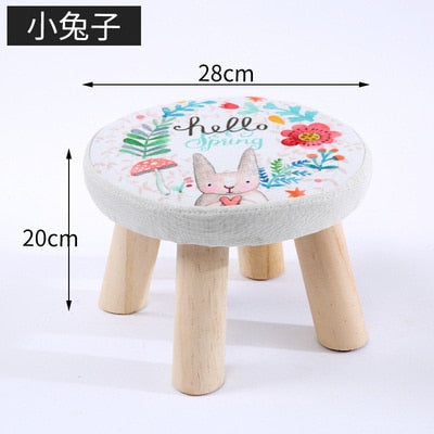 Small Stool Wooden Ottoman with Linen Cotton Cover