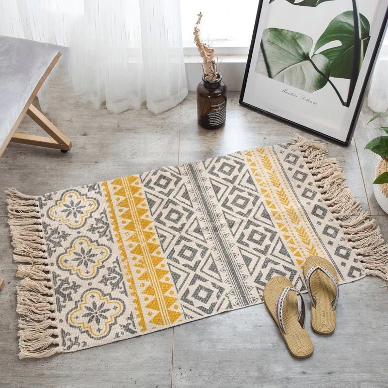 Retro Bohemian Carpet Hand Woven Cotton Linen Carpet Rug  Bedside Rug Geometric Floor Mat Living Room Bedroom Carpet Home Decor