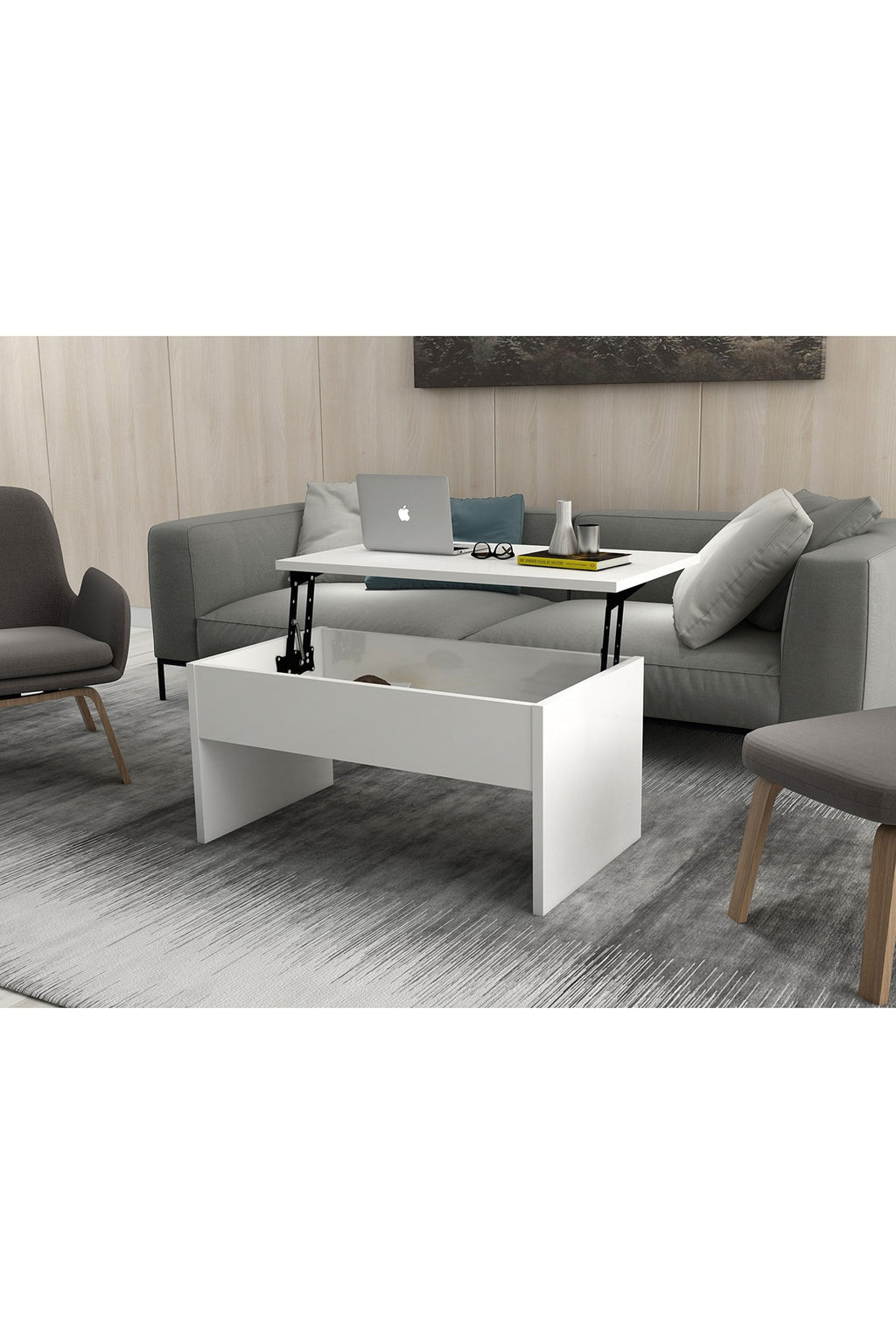 White Smart Coffee Table Gloss White, Convertible coffee table to dining table, coffe table multi-purpose