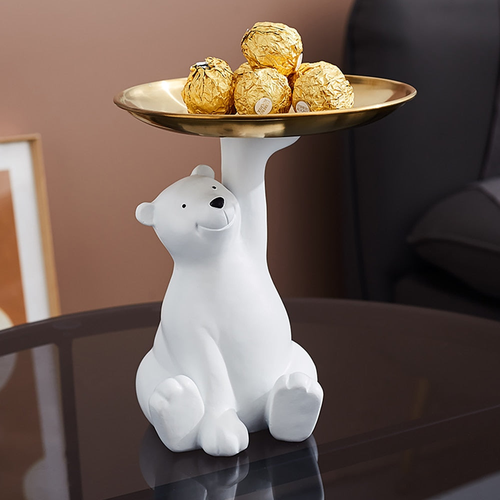 Creative White Bear Statue Storage Tray Nordic Home Decor Living Room Table Decoration Snacks Storage Tray Decoration Crafts